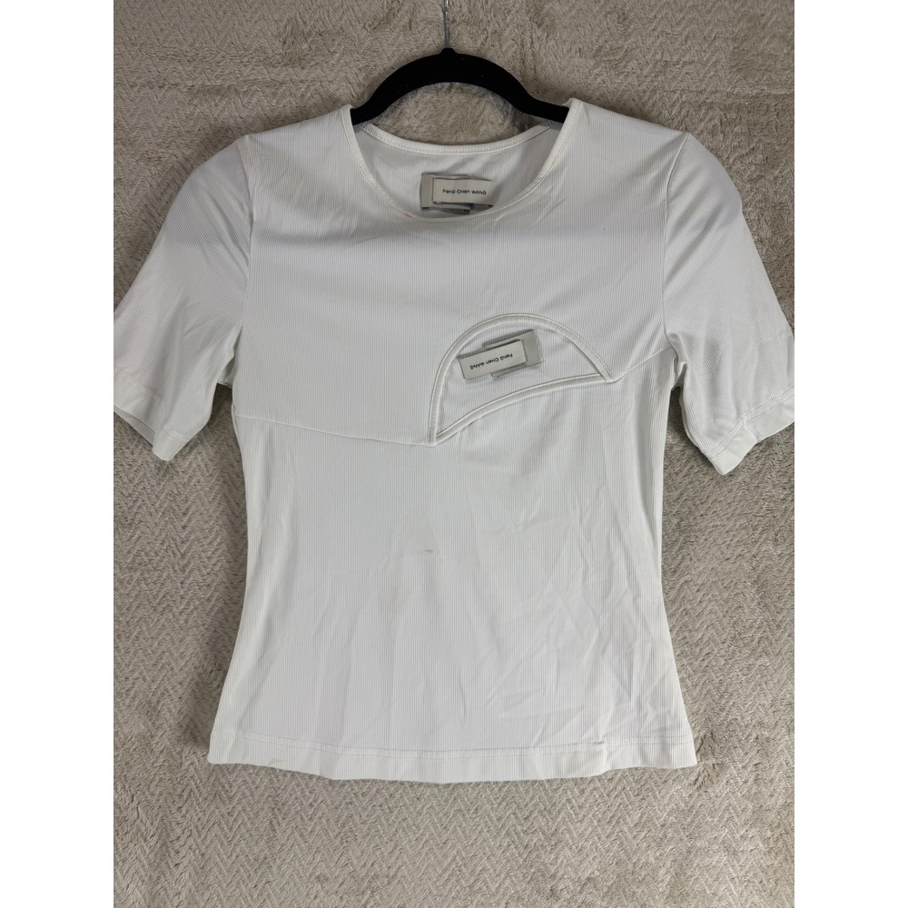 Feng Chen Wang White Ribbed Cutout Short Sleeve Top FWS13TS10 Mens Size M